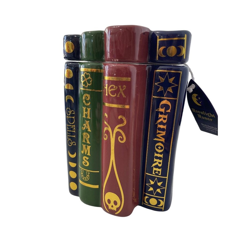 Moonlight Manor Ceramic Book Stack Candle 16 Oz Black Hemlock Halloween Witch